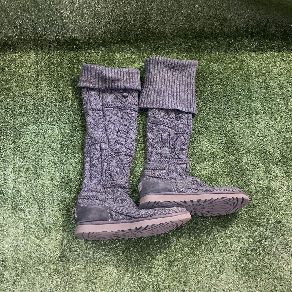 UGG Australia Cardi Over Knee Cable Knit Sweater Boots Grey Womens 9 USA Made - Picture 3 of 15